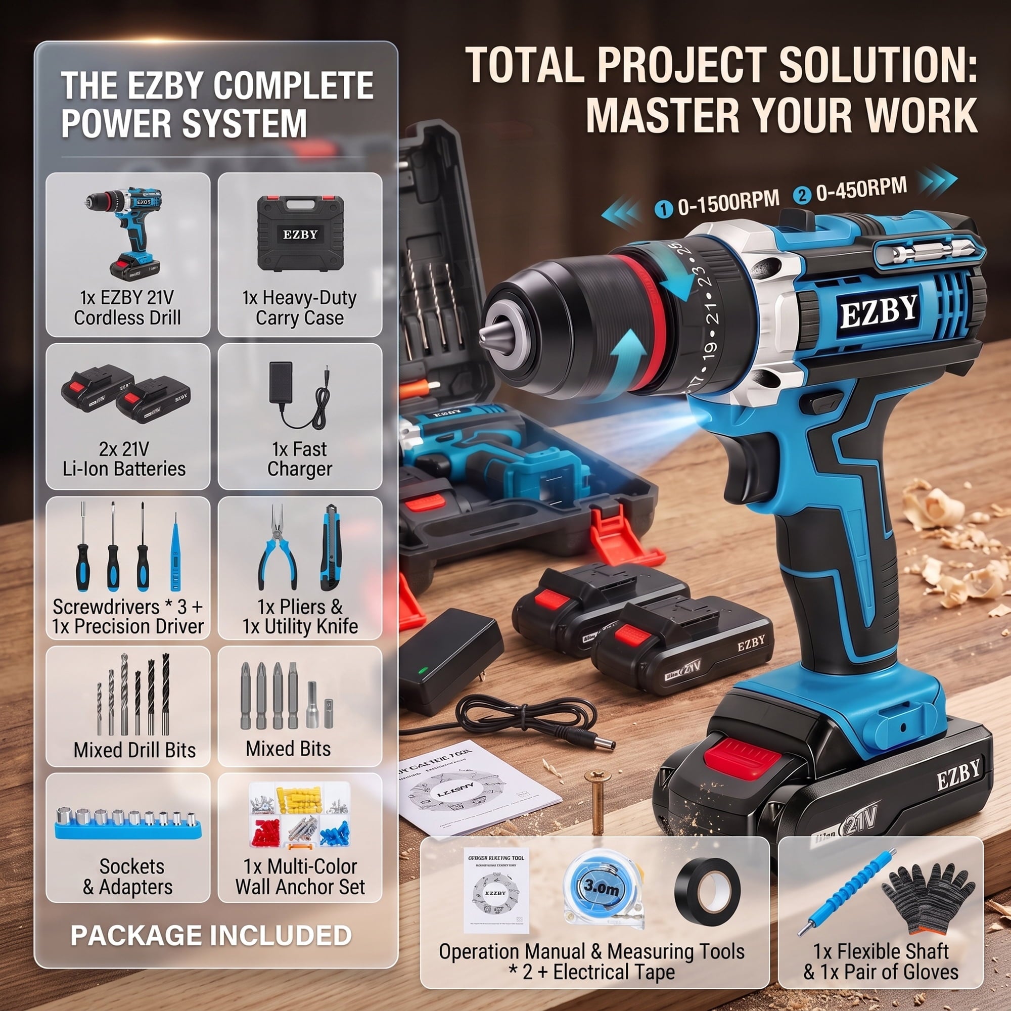 EZBY 21V Cordless Drill Set,Electric Power Drill Driver with 2 Batteries and Screw Kit,3/8" Keyless Chuck,2 Variable Speed, for Home Repair & DIY