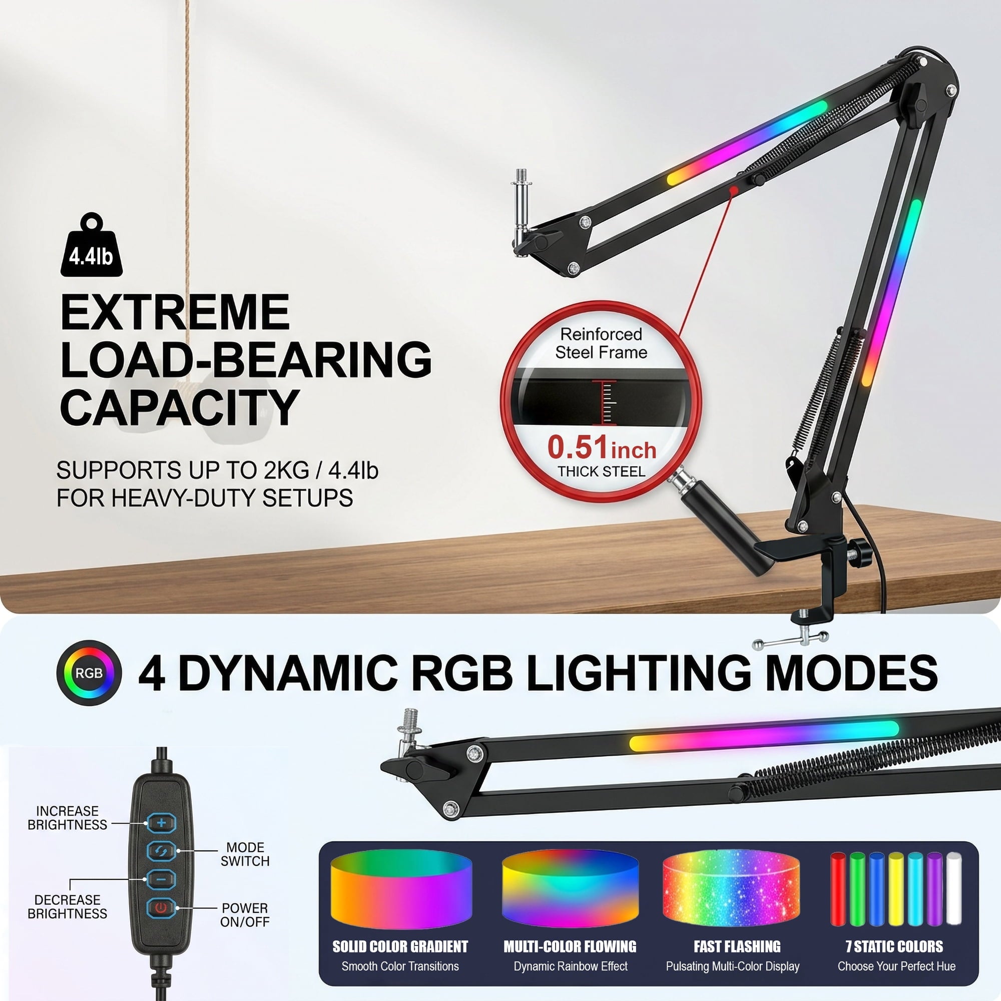 EZBY Gaming USB Microphone with RGB Boom Arm Stand,Noise Cancellation,RGB Lighting,14mm Core,Cardioid,Type-C Plug & Play for PC/PS5/Streaming