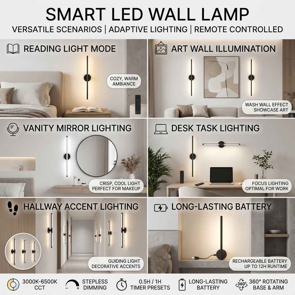 EZBY Battery Operated Wall Sconce, 5000mAh Wireless Rechargeable LED Wall Light with Remote, 360 Degree Rotatable Magnetic Base, 3 Color Dimmable Modern Lamp for Bedroom