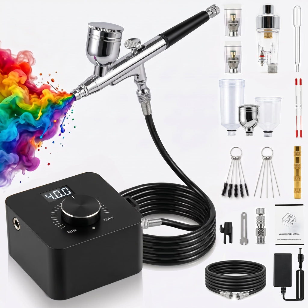 EZBY Airbrush Kit with Air Compressor, 40 PSI High-Pressure Compressor with Digital Display, Auto Start Stop, Zoomable Dual-Adjustment Airbrush Tool for Model Painting, Nail Art, Makeup, Cake Decor