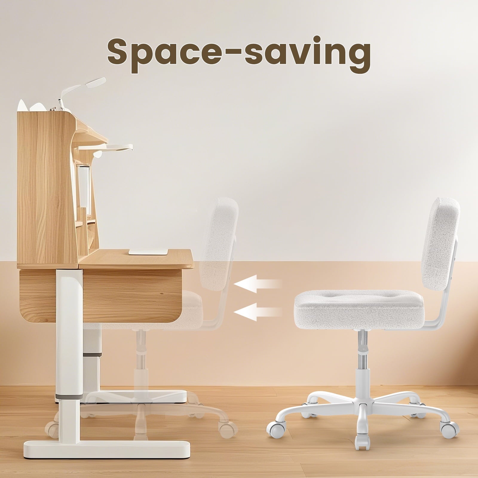 YERAIRR Armless Office Chair with Wide Seat,Teddy Fleece Fabric Computer Desk Chair Thickened Cushion Vanity Chair White