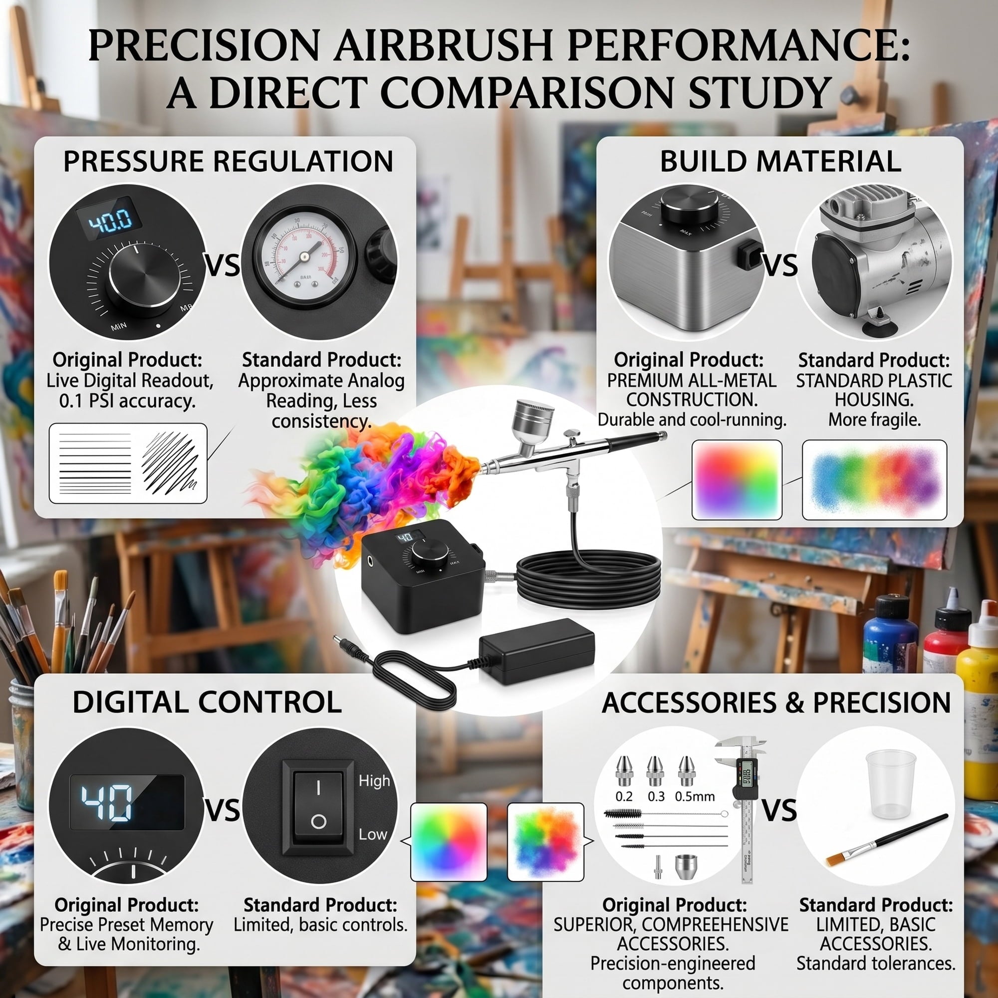 EZBY Airbrush Kit with Air Compressor, 40 PSI High-Pressure Compressor with Digital Display, Auto Start Stop, Zoomable Dual-Adjustment Airbrush Tool for Model Painting, Nail Art, Makeup, Cake Decor