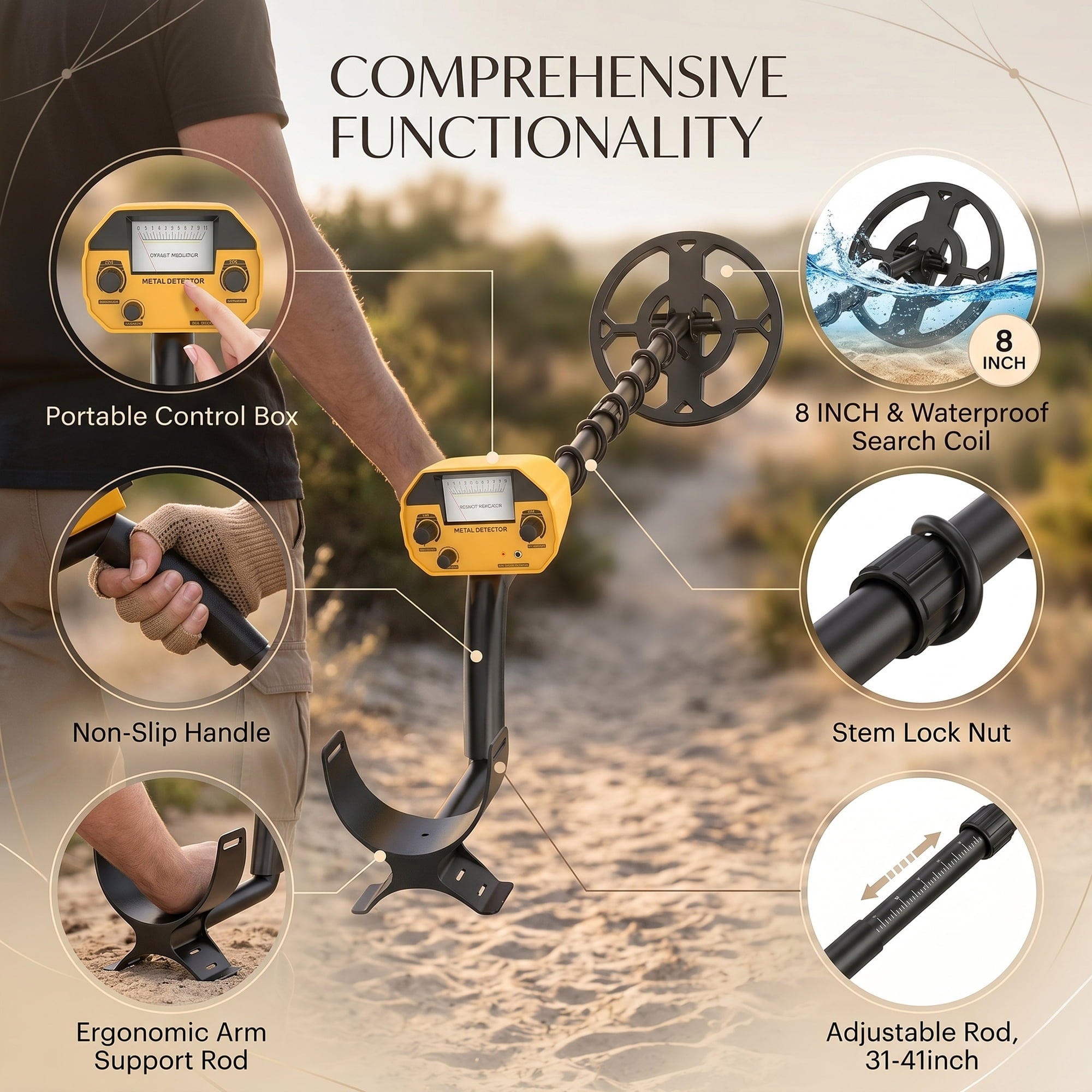 EZBY Metal Detector for Adults & Kids,2 Detection Modes,Lightweight Gold Finder with Waterproof Search Coil,Adjustable 31"-44" Rod for Beach & Outdoor Treasure Hunting