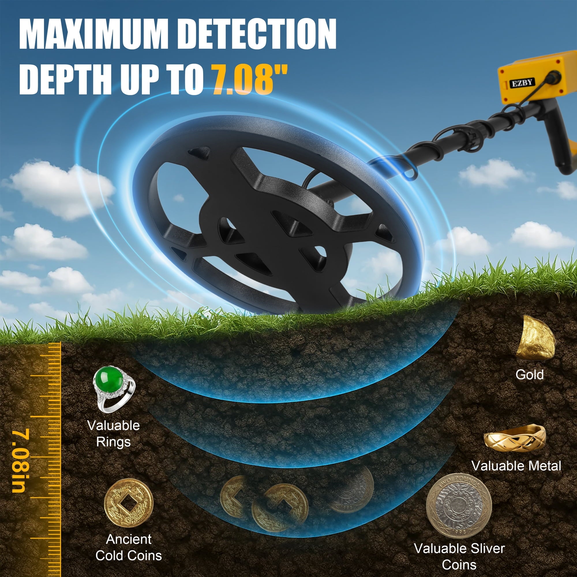 EZBY Metal Detector for Adults & Kids,High Precision Gold Digger with 2 Modes,6 Batteries, Adjustable 31"-44" Rod, Waterproof Search Coil & Rod to Hunt Treasure in Beach Backyard